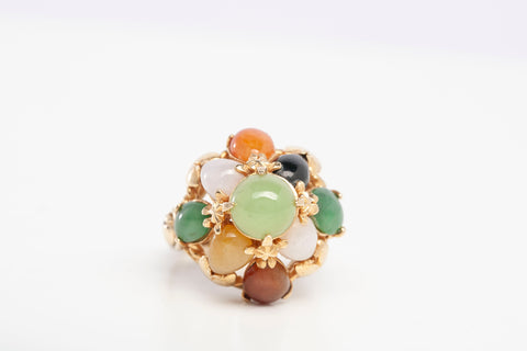 Vintage Multicolor Jade Dome Ring 14k Yellow Gold
