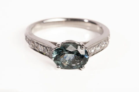Ladies .950 Platinum Blue Green Sapphire with Diamond Accents Ring