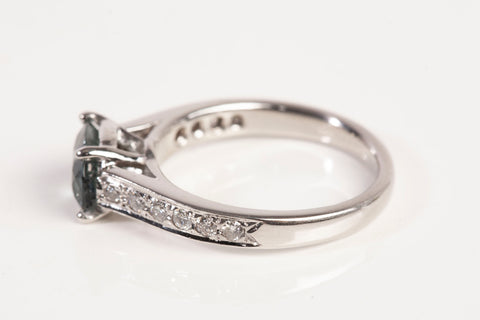 Ladies .950 Platinum Blue Green Sapphire with Diamond Accents Ring