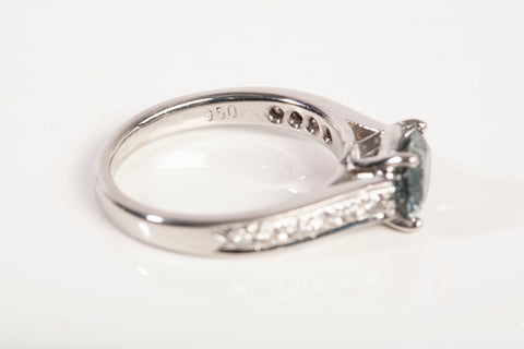Ladies .950 Platinum Blue Green Sapphire with Diamond Accents Ring
