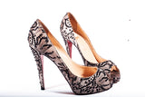 Christian Louboutin Black Lace/ Beige Satin Fifi Peep Toe Platform Pumps Size 39.5