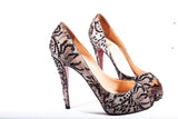 Christian Louboutin Black Lace/ Beige Satin Fifi Peep Toe Platform Pumps Size 39.5