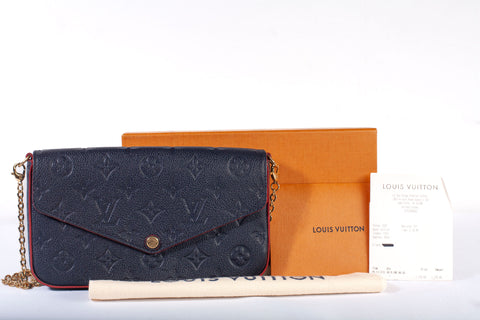 Authentic Louis Vuitton Felicie Pochette Monogram Navy Blue Empriente Leather Crossbody Bag