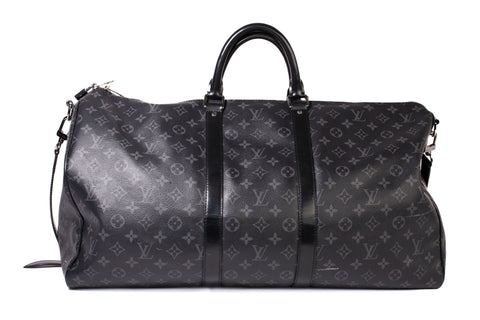 Authentic LOUIS VUITTON Monogram Eclipse Canvas Keepall Bandouliere 55