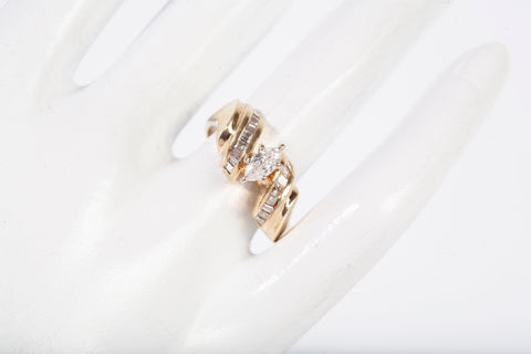 14k Yellow Gold Solitaire Marquise Diamond Cut with Baguette Diamond Accents Ring
