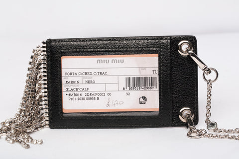 Authentic Miu Miu Lanyard Crystal Fringe Black Leather Credit Card Holder