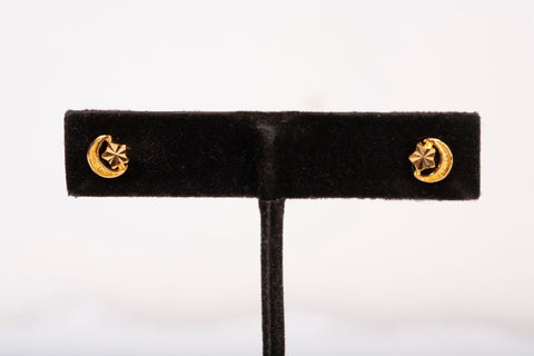 Ladies 22k Yellow Gold Crescent Moon and Star Stud Earrings
