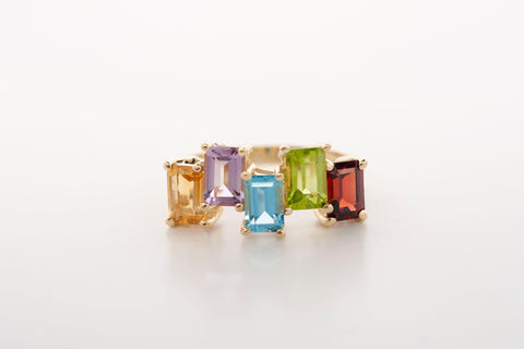 Ladies Emerald Cut Multi Gem 10k Yellow Gold Ring