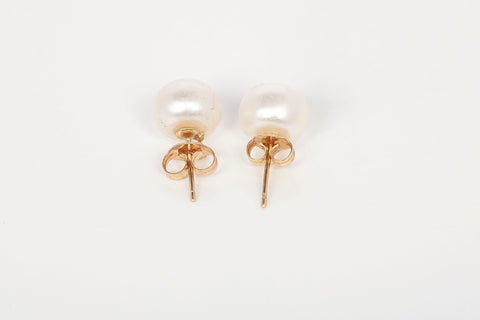 White Freshwater Pearl Button Stud Earrings 14k Yellow Gold