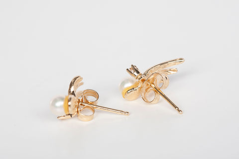 Ladies 14k Yellow Gold Saltwater Akoya White Pearl & Diamond Accent Earrings