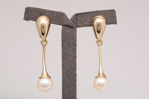 Albert David ADPG White Freshwater Pearl Dangle Drop Earrings 14k Yellow Gold