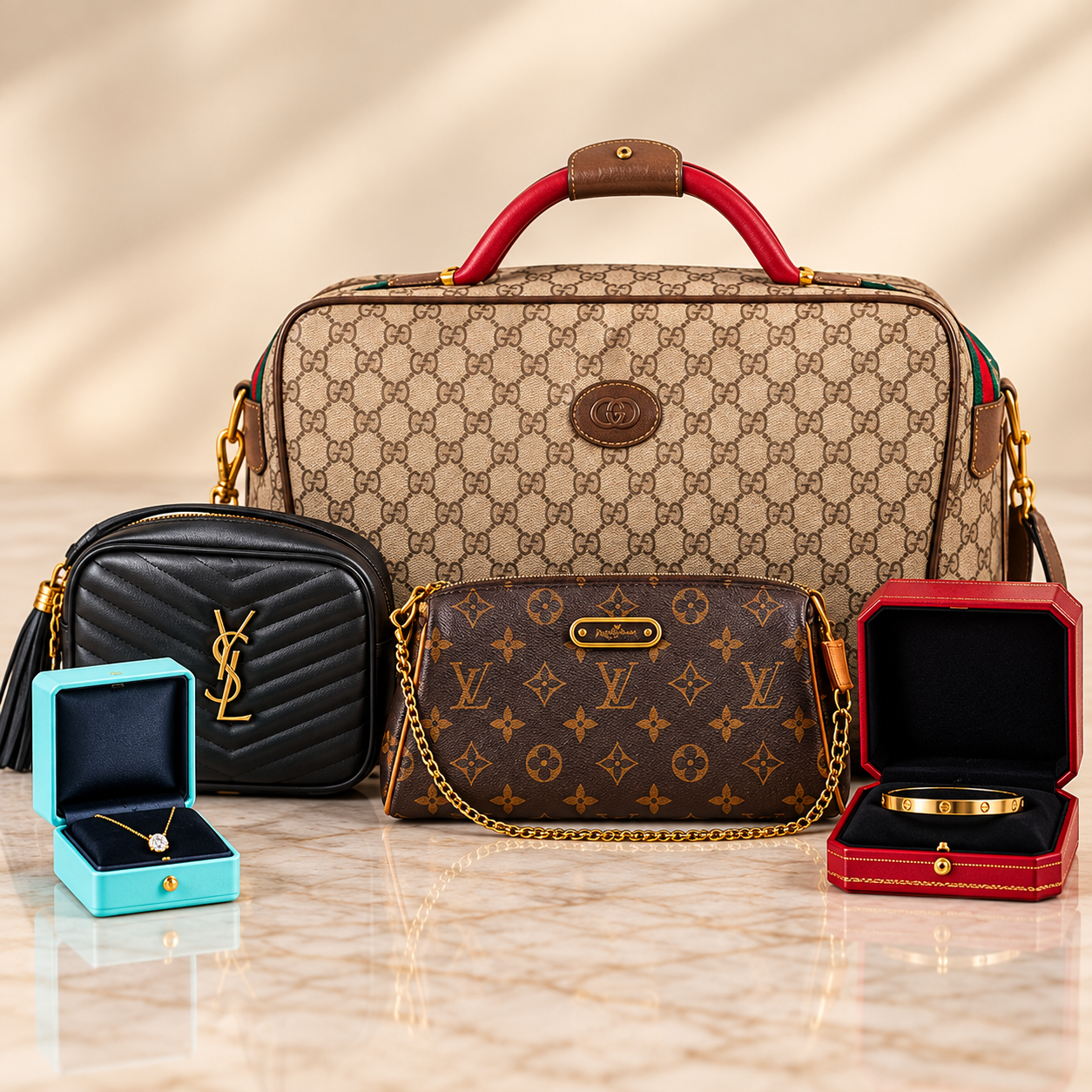 Designer handbags and jewelry
