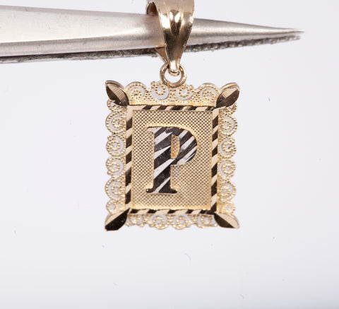 14k Two-Tone Gold Diamond Cut Letter P Filigree Pendant