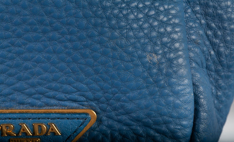 Authentic Prada Blue Vitello Daino Side Pocket Hobo Bag