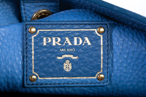 Authentic Prada Blue Vitello Daino Side Pocket Hobo Bag