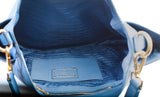 Authentic Prada Blue Vitello Daino Side Pocket Hobo Bag