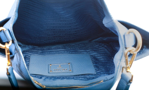 Authentic Prada Blue Vitello Daino Side Pocket Hobo Bag
