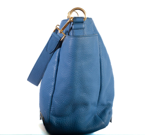 Authentic Prada Blue Vitello Daino Side Pocket Hobo Bag
