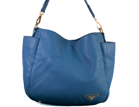 Authentic Prada Blue Vitello Daino Side Pocket Hobo Bag