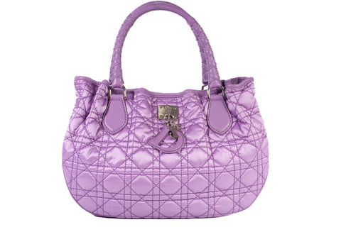 Authentic Christian Dior Light Purple Cannage Quilted Satin Nylon Charming Tote Bag