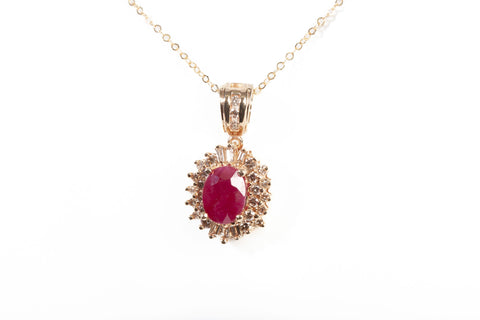 Ladies 14k Yellow Gold Oval Ruby with Multi-Cut Diamond Halo Pendant