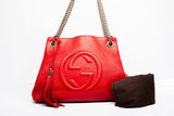 Authentic GUCCI Red Calfskin Leather Soho Chain Tote Bag