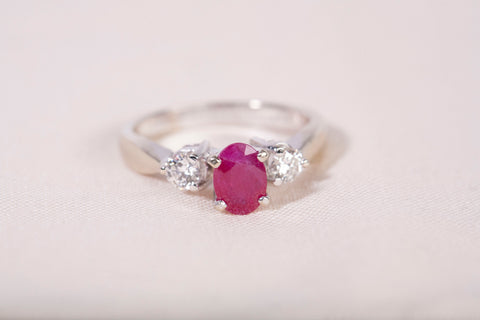 Ladies 18k White Gold Oval Cut Ruby and Diamond Three Stone Ring