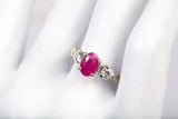Ladies 18k White Gold Oval Cut Ruby and Diamond Three Stone Ring
