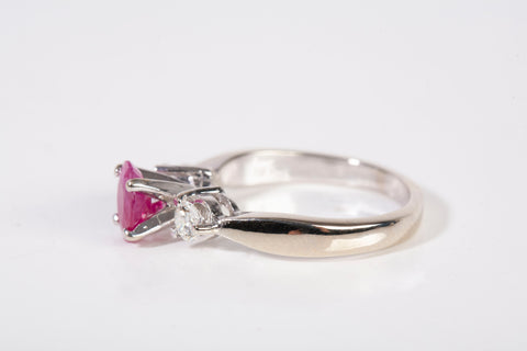 Ladies 18k White Gold Oval Cut Ruby and Diamond Three Stone Ring