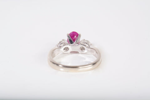 Ladies 18k White Gold Oval Cut Ruby and Diamond Three Stone Ring