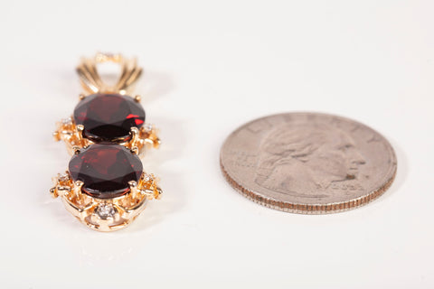 Vintage 14k Yellow Gold Double Oval-Cut Garnet with Diamond Accent Pendant