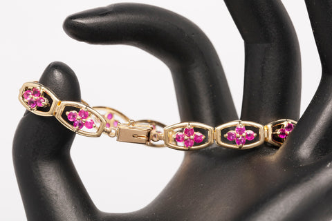 Ladies Flower Pink Stone Link Bracelet 7" 14k Yellow Gold