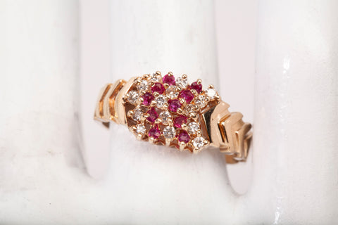 Ladies 14k Yellow Gold Ruby and Diamond Cluster Ring
