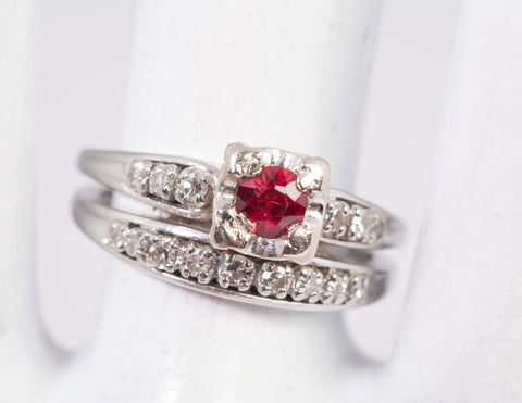 Vintage Ruby Diamond Accent 18k White Gold Soldered .15 tcw. Engagement Ring