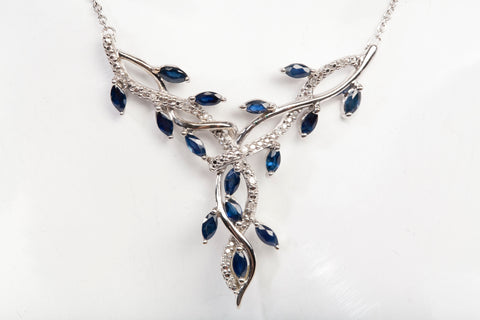 Ladies 10k White Gold Vine Sapphire and Diamond Pendant Necklace