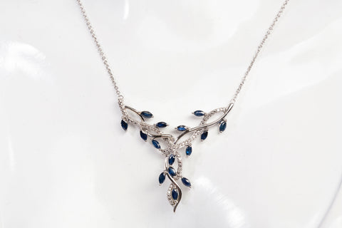 Ladies 10k White Gold Vine Sapphire and Diamond Pendant Necklace