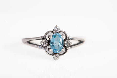 Ladies Sterling Silver 925 Oval Blue Topaz Flower Ring