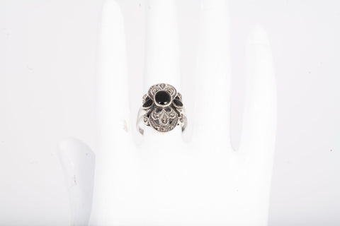 Ladies .925 Sterling Silver Black Onyx Marcasite Ring Size 5.5
