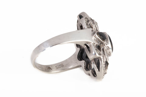 Ladies .925 Sterling Silver Black Onyx Marcasite Ring Size 5.5