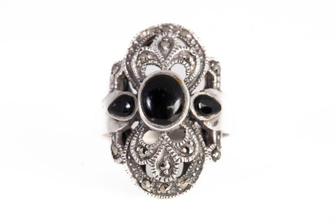 Ladies .925 Sterling Silver Black Onyx Marcasite Ring Size 5.5