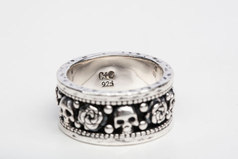Men's .925 Sterling Silver Skull & Roses Biker Ring