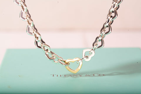 Authentic Tiffany & Co Heart Link Sterling Silver & 18k Yellow Gold Necklace