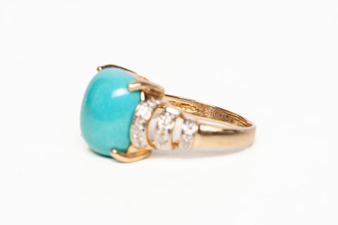 Gorgeous Turquoise 14k Yellow Gold Statement Ring w/ Diamond Accents .100 CTW - Size 6.5