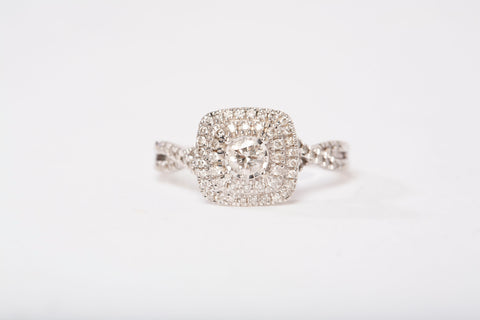 Ladies 10k White Gold Double Halo Diamond Cushion Frame Engagement Ring