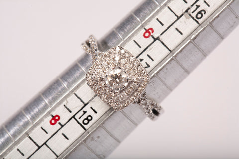 Ladies 10k White Gold Double Halo Diamond Cushion Frame Engagement Ring
