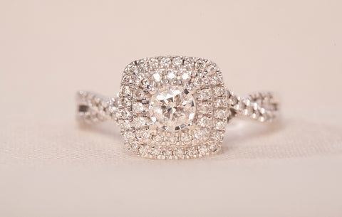 Ladies 10k White Gold Double Halo Diamond Cushion Frame Engagement Ring