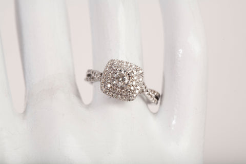 Ladies 10k White Gold Double Halo Diamond Cushion Frame Engagement Ring