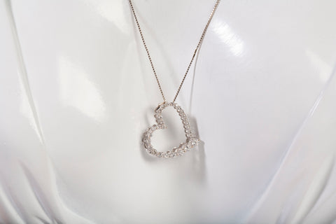 Ladies 14k White Gold Open Heart Diamond Necklace
