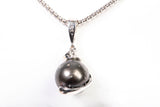 Ladies 14k White Gold Tahitian Black Pearl with Diamond Accent Pendant Necklace