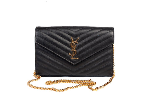 Authentic Yves Saint Laurent Cassandre Matelasse Black Leather Wallet on Chain
